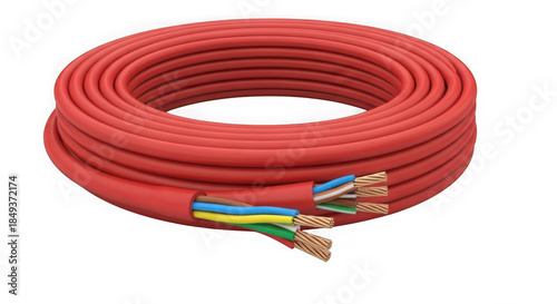 Red electrical cable coil with exposed inner wires isolated on transparent background