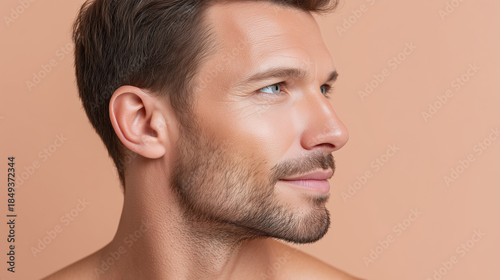 Obraz premium Handsome man face in profile close up with smooth gradient skin tone, light stubble, blue eyes, and natural expression on peach background, healthy male skincare concept