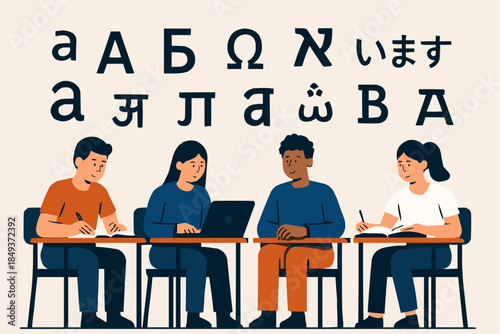 Multilingual Education Concept – Students Learning Multiple Scripts