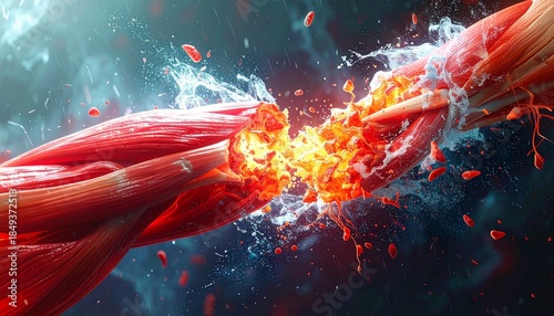 Muscular tissue rupture with explosive energy and fluid splashes, illustrating injury, inflammation, and cellular damage.