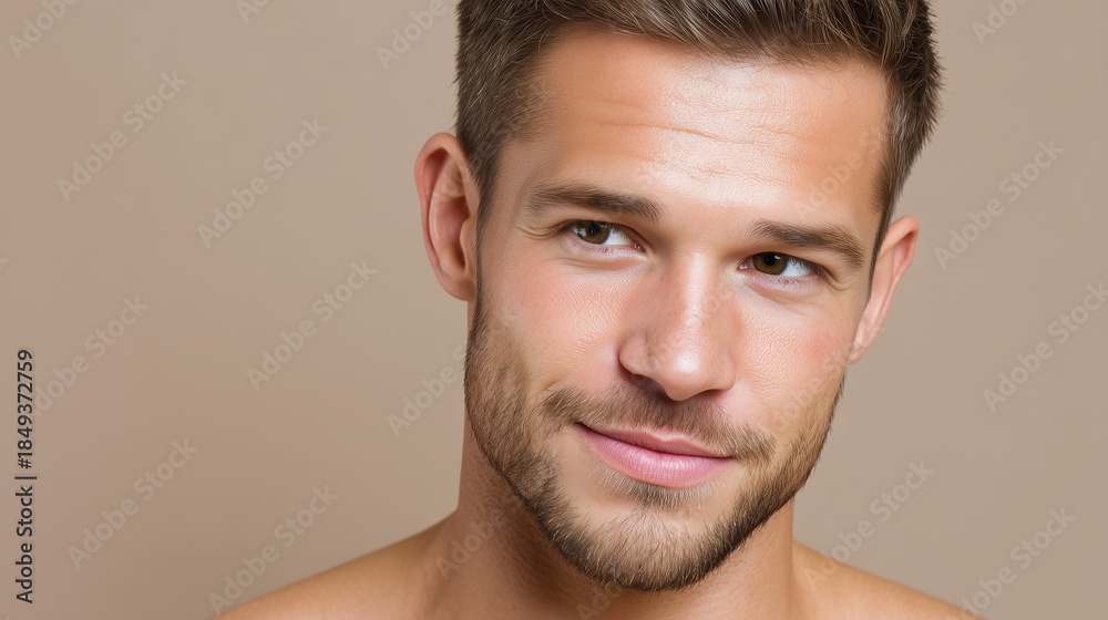 Fototapeta premium Man with subtle glow natural healthy skin tone soft beige background, confident expression, short brown hair, stubble, youthful male portrait, spa concept, relaxed mood