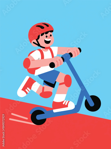 Smiling boy riding a kick scooter with helmet and pads on a red path. A joyful moment of safe outdoor play.