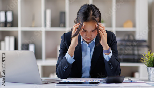 Billede på lærred Tired stressed businesswoman feeling strong headache massaging temples exhausted from overwork, fatigued overwhelmed lady