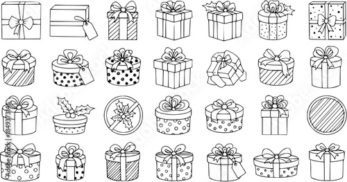 Set of hand-drawn doodle outline gift boxes and presents. Black and white illustrations for holidays, birthdays, and celebrations.
