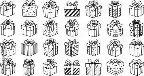Collection of 30 Hand Drawn Black and White Gift Boxes with Ribbons and Bows, Doodle Sketch Style Presents for Christmas, Birthdays, Holidays, and Festive Celebrations.
