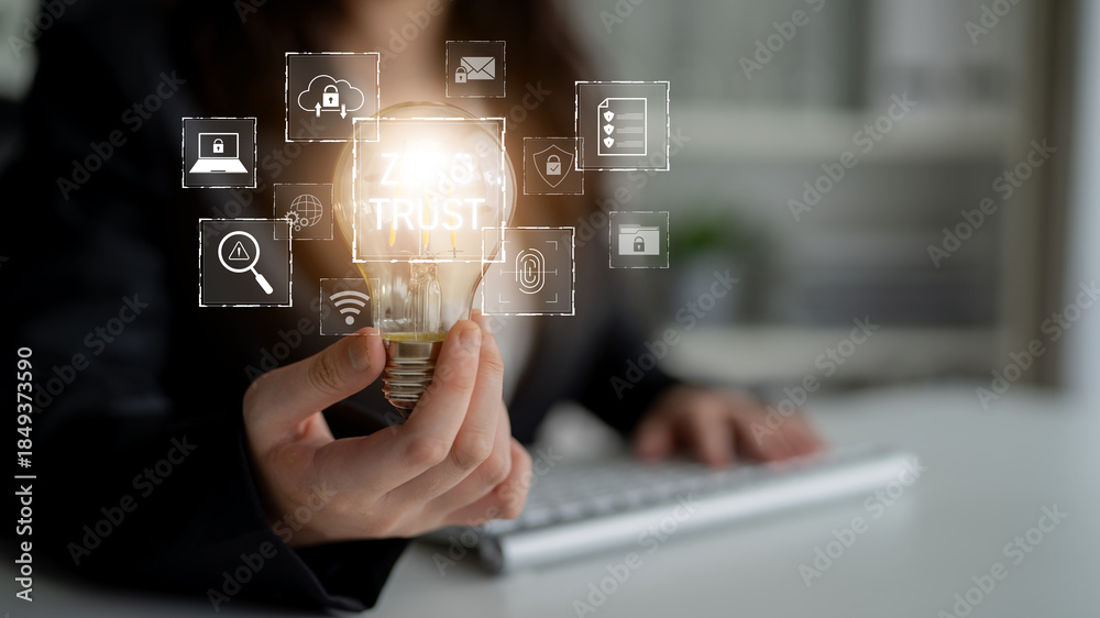 Fototapeta premium Zero trust model enhances data protection. Zero trust blocks unauthorized access, secures devices, zero trust defends networks, and zero trust verifies users continuously. Latch