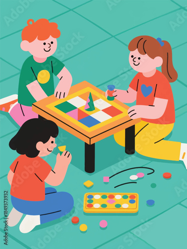 Three children playing an educational board game with colorful pieces on the floor. A joyful moment of learning and collaboration.