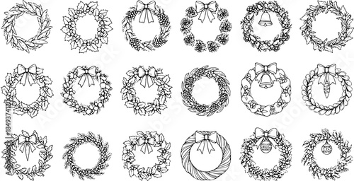 Detailed Hand-Drawn Christmas Wreaths Collection. Outline Vector Illustration Set with Festive Holiday Decor Elements: Bows, Bells, Berries, Pinecones, Leaves.