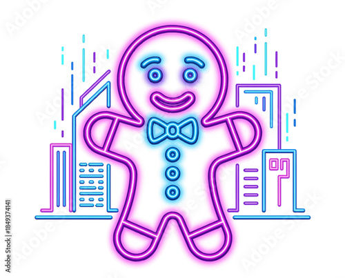 Gingerbread man illustration in a corporate setting with neon lights and cityscape background, vector graphics, flat design style