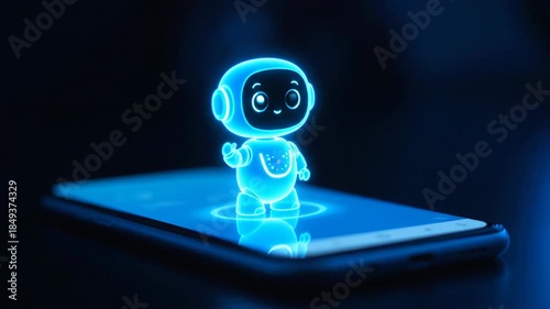 A cute, bright blue holographic ai robot assistant, digitally rendered, waves hello while standing on a smartphone screen against a dark, futuristic background.