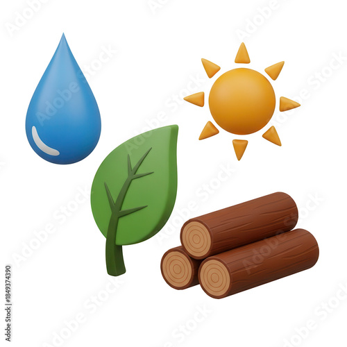 Modern 3D perspective eco awareness icon set featuring green energy blocks, recycling panels, conservation signs, and natural resource symbols