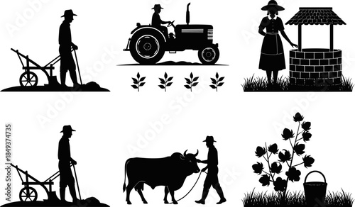 Farming silhouettes featuring traditional plowing, tractor driving, water well drawing, ox guiding, crop plants, cotton harvesting, rustic agriculture scenes, 
