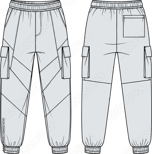Fashion flat technical drawing template of modern women's cargo jogger pants featuring angled panel seams, cargo pockets, and elastic cuffs, vector illustration.