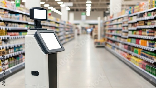 A self-service kiosk in a grocery store aisle, surrounded by shelves stocked with various products, offering a modern shopping experience.