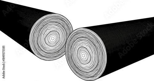 Black and white vector illustration depicting two large rolls of paper, fabric, or carpet with concentric lines, showcasing manufacturing, printing, textile, industrial production, 
