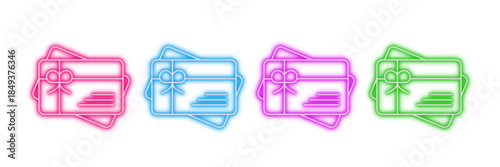 Neon glowing gift card vector icons set, vouchers, presents, loyalty, discounts, shopping, vibrant colorful digital design illustration on transparent background.