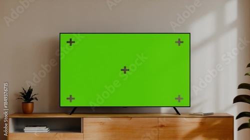 Modern smart TV mockup with green screen and tracking markers on wooden cabinet in minimalist living room- 3D rendering