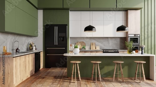 Luxury contemporary kitchen room featuring island counter with bar stools and minimalist wooden furniture- 3D rendering