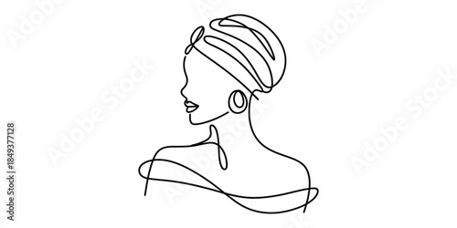 Minimalist one line drawing of black woman with headwrap in profile