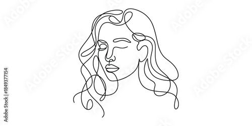 Minimalist continuous line drawing of a womans face with wavy hair