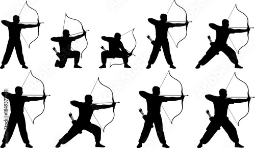 Black silhouette collection of archers in various poses, featuring men drawing bows, aiming arrows, and kneeling in traditional athletic stances for sports design.