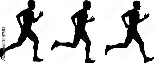 Black Running Man Vector Silhouettes Collection, Male Athlete Running, Jogging, and Sprinting Graphic Set for Fitness, Marathon, Sports Training, and Active Lifestyle Design.