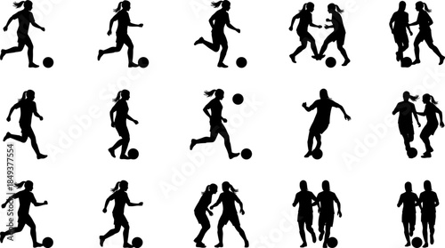 Black silhouette collection of female soccer players dribbling, running, and competing for the ball, perfect for sports graphic design, football team posters, and icons.