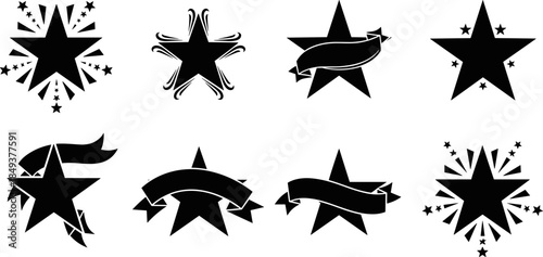 Black Silhouette Star Vector Graphics Collection, Iconic Emblem Set, Ribbon Banner Stars, Bursting Star Shapes, Stylized Geometric Design Elements, Achievement, Quality, and Rating Iconography.