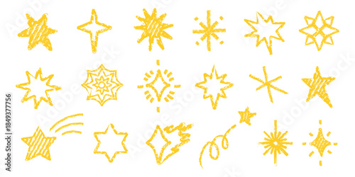 Hand drawn crayon star doodle set featuring childlike chalk textures and glowing yellow stars. Whimsical sketch illustration with playful scribble lines and handmade feel.