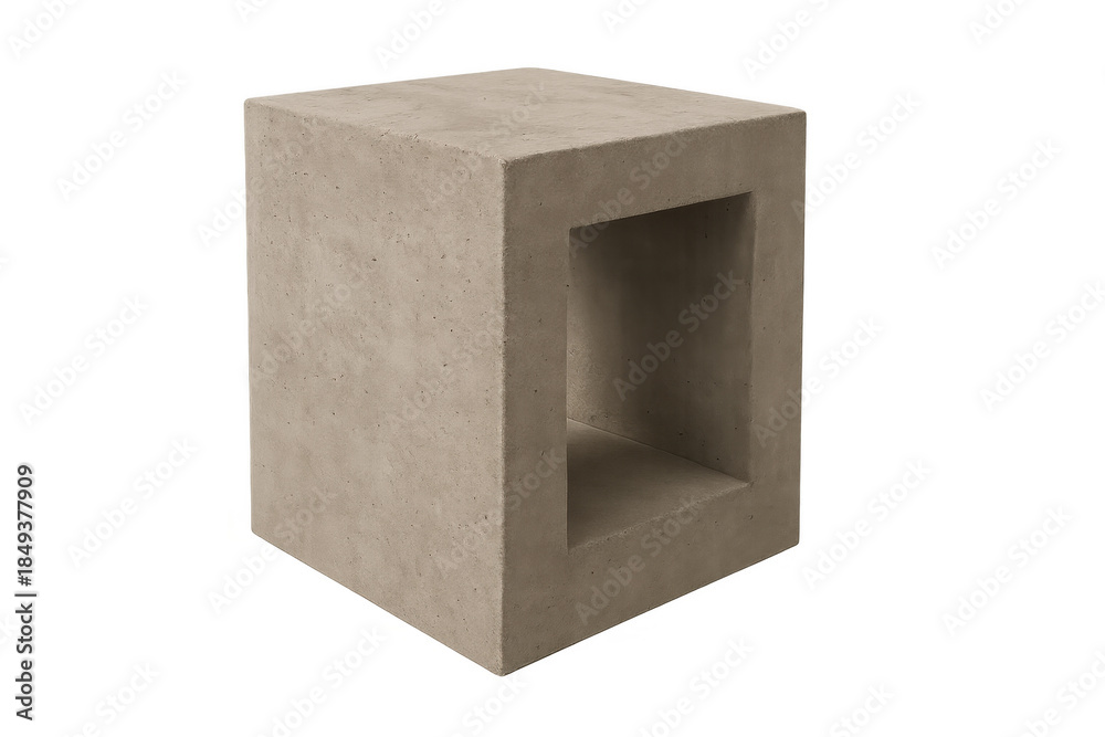 Fototapeta premium Concrete minimalist cube side table with brutalist design, modern architectural furniture element providing storage space