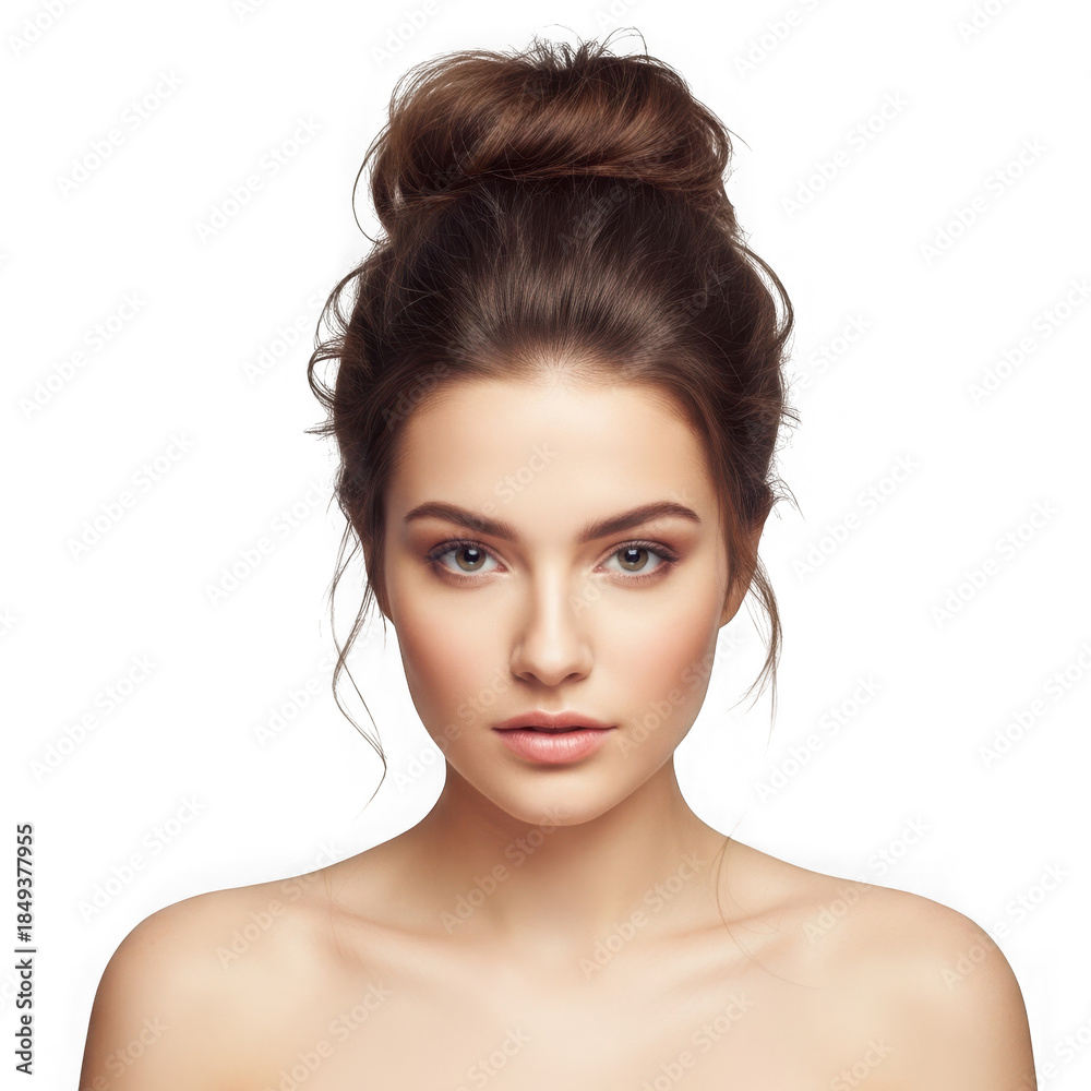 Obraz premium Young woman looking at camera with high bun isolated on transparent background