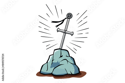 Legendary style illustration showing a sword stuck in a stone, symbolizing heroism, fantasy, myth, and ancient adventure themes

