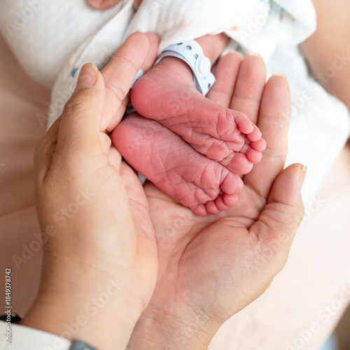 Billede på lærred Gentle hands cradling baby feet newborn care tender touch parent love hospital b