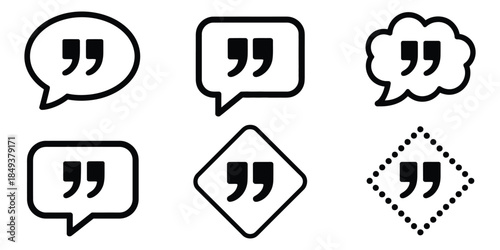 Quotation Mark Icon Variations, featuring diverse flat vector quote marks and quotation symbols suitable for typography, editorial design, branding, and graphic
