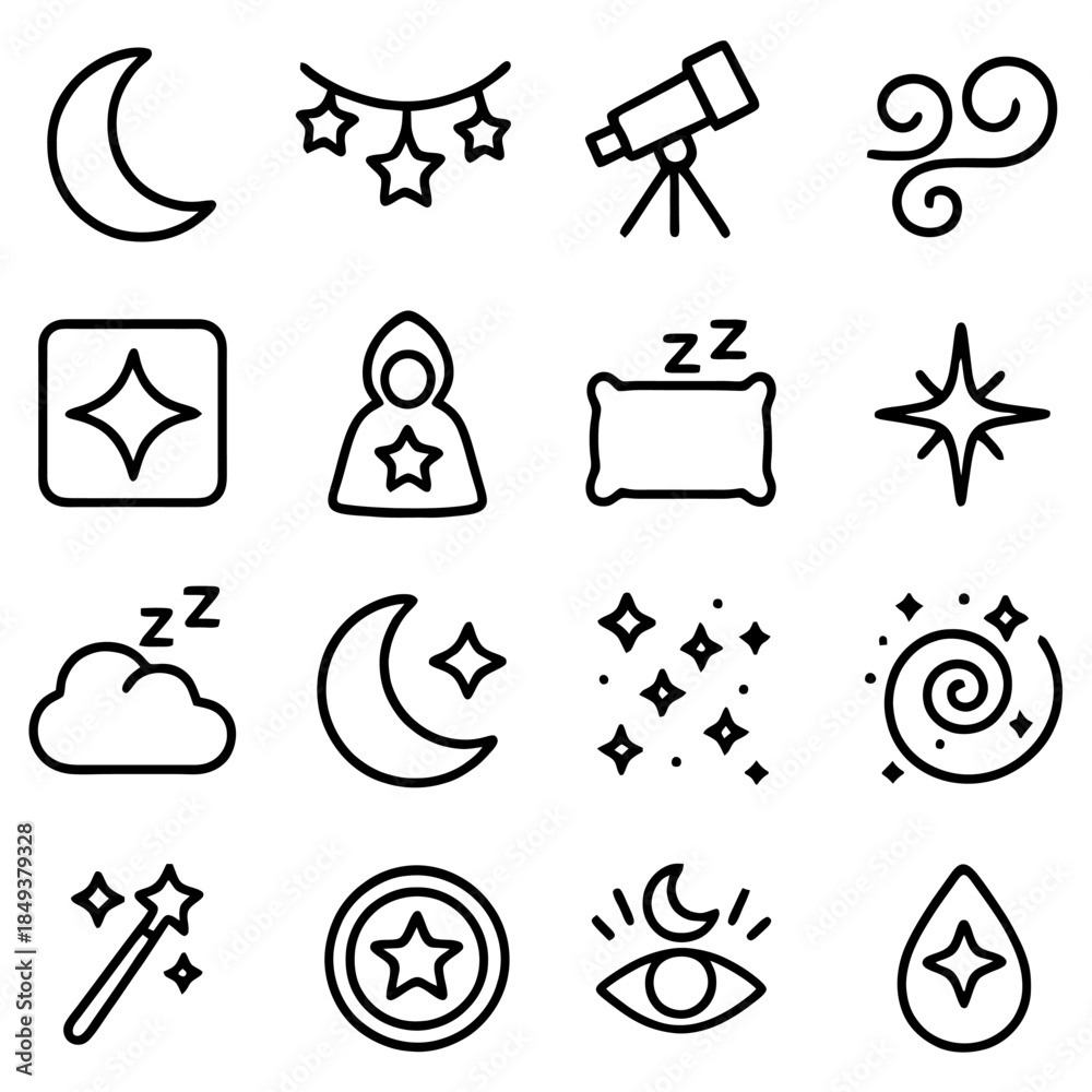 Fototapeta premium Moon and Stars Icon Set: A captivating collection of meticulously crafted, minimalist icons, symbolizing the enchanting world of night sky, dreams, and cosmic wonders.