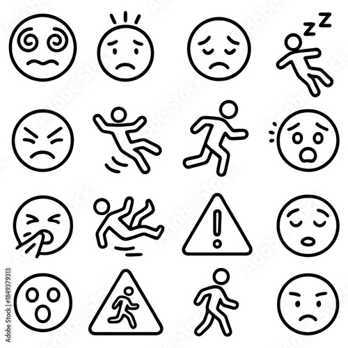 Emotions in Illustrations: A collection of simple illustrations showing a range of feelings, moments of shock, and warnings. 