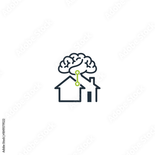 Line art illustration of a brain connected to a house, symbolizing smart home technology or artificial intelligence in residential spaces.