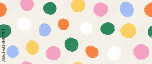 Bright birthday polka dot seamless pattern. Repeated round painted confetti background. Cute colorful dotted wallpaper for Easter wrapping paper, birthday decoration, kid bday nursery decor. Vector