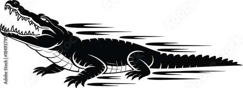 Aggressive crocodile silhouette in motion with open mouth and sharp teeth, wild reptile vector illustration, predator speed, wildlife danger, and nature power concept