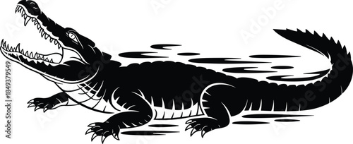 Angry crocodile silhouette with open mouth showing sharp teeth, fast reptile movement, wildlife danger, predator attack, and wild animal power concept illustration