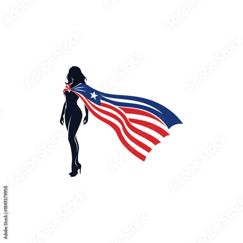 Silhouette of a woman with a flowing cape designed as the American flag, symbolizing patriotism and strength.