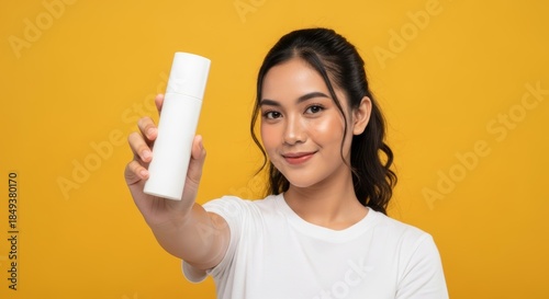 Beautiful Young Woman Holding White Product Bottle.