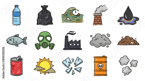 A collection of hand-drawn icons representing various environmental pollution and ecological disaster elements.