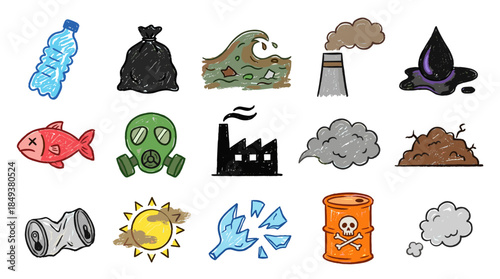 A collection of hand-drawn illustrations depicting various forms of pollution and environmental damage.