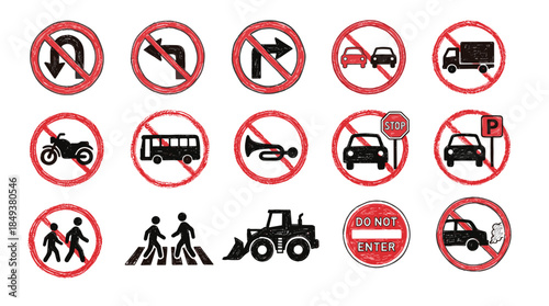 A collection of various traffic and road signs indicating prohibitions and regulations for vehicles and pedestrians.