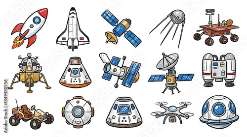 A collection of various spacecraft and space exploration vehicles, including rockets, shuttles, satellites, rovers, and drones, depicted in a colorful illustration.