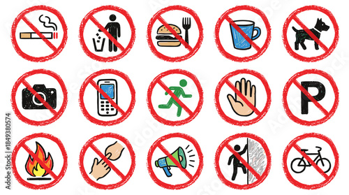 A collection of prohibition signs indicating actions or items that are not allowed in a specific area.