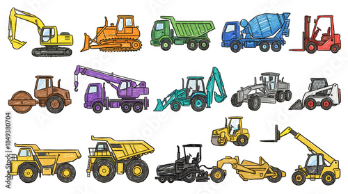 A vibrant collection of various construction vehicles and heavy machinery, depicted in a cartoonish, colorful style.