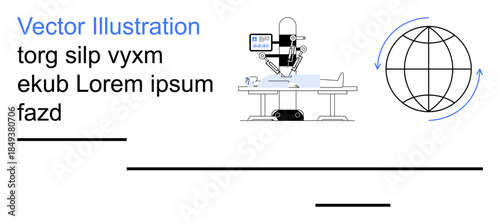 Medical technology, global healthcare, robotics innovation, surgery tools, artificial intelligence, scientific research. Medical robot performing surgery, global symbol. Medical technology and global