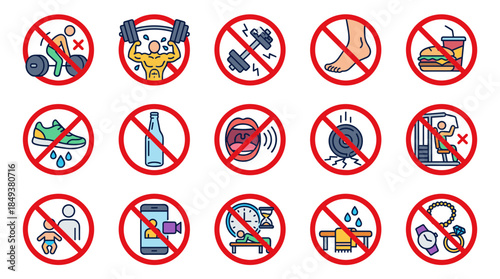 A collection of prohibition signs indicating various forbidden activities and items, including exercise, food, and electronic devices.